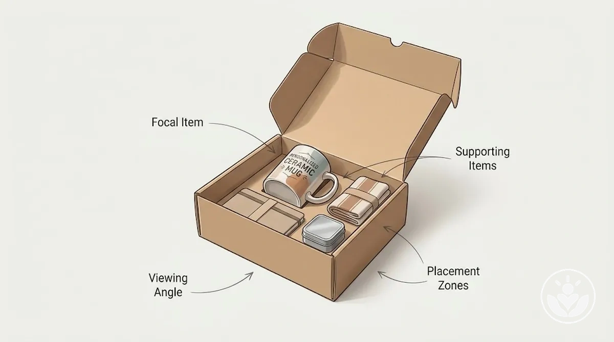 Blickfang, der ergänzende Elemente in einer personalisierten Geschenkbox verankert