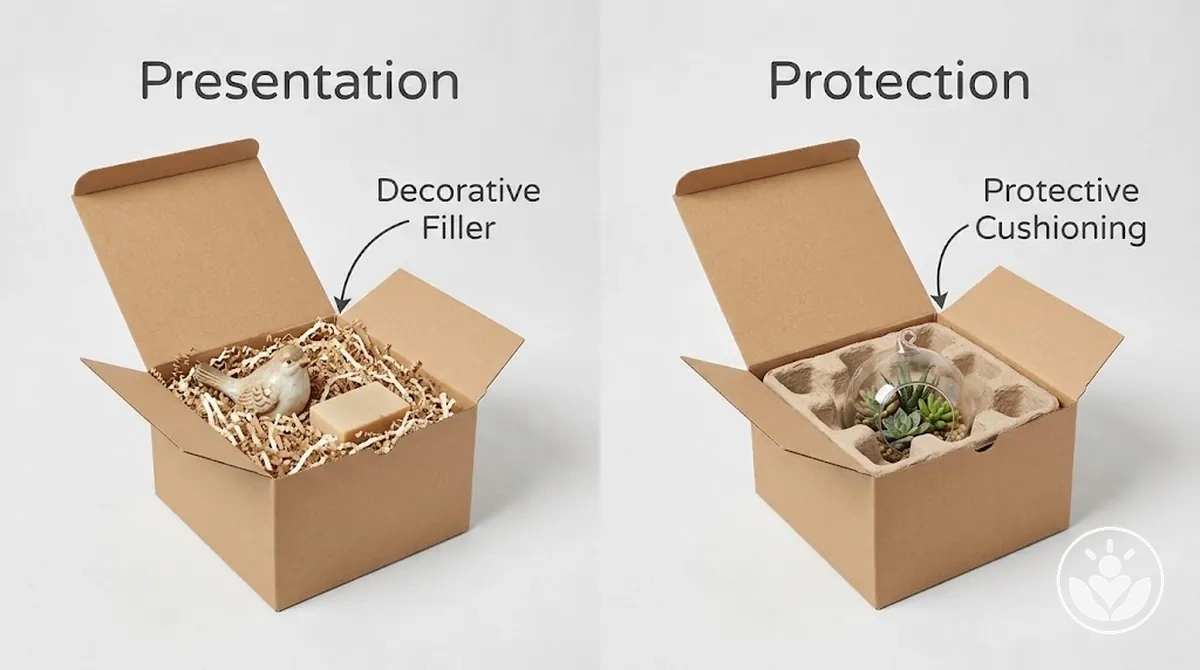 Dekorative Geschenkbox-Füllung im Vergleich zu schützender Polsterung um Geschenkobjekte