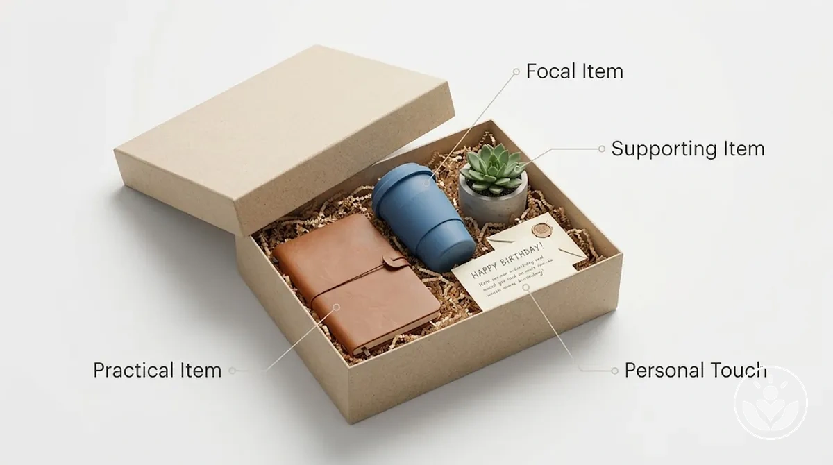 Annotierte Geburtstags-Geschenkbox mit Kennzeichnung von Haupt-, Begleit-, praktischen Gegenständen und persönlicher Note.