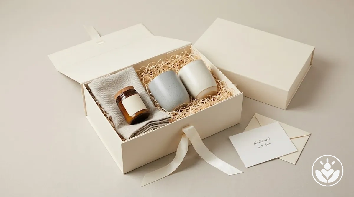Auf das Paar ausgerichtete Hochzeitsgeschenkbox mit Gegenständen zur gemeinsamen Nutzung und einer gemeinsamen persönlichen Nachricht.