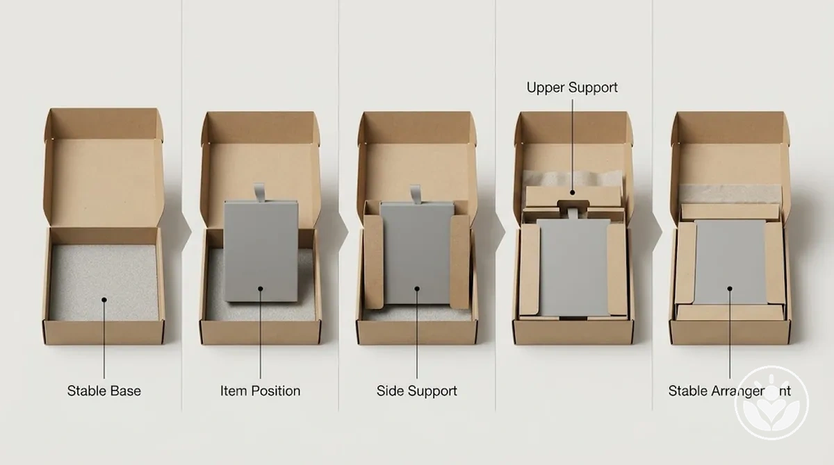Klebefreie Stabilisierung einer Geschenkbox mit Basis-, Seiten- und oberer Stütze.