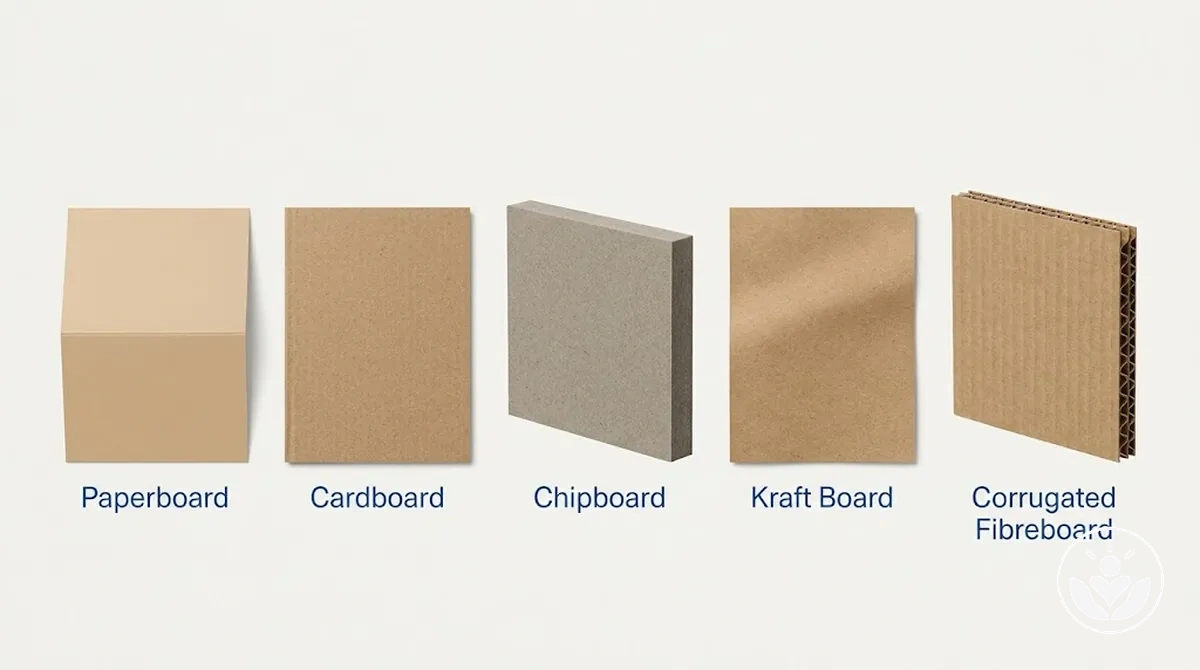 Proben von Karton, Graupappe, Kraftpapier und Wellpappe mit unterschiedlichen Oberflächen und Strukturen