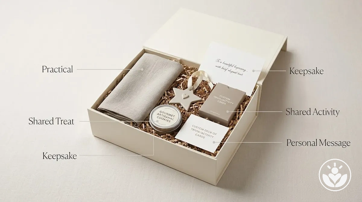 Beschriftete Hochzeitsgeschenkbox mit abgestimmten praktischen, sentimentalen und gemeinschaftlich nutzbaren Inhalten.
