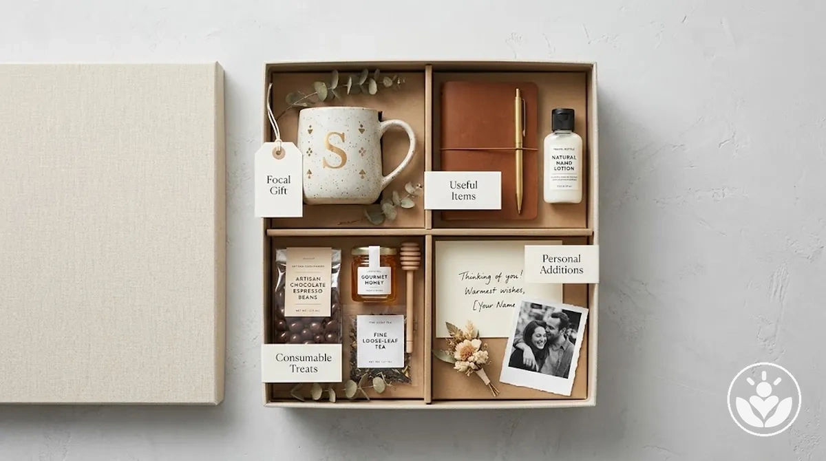 Verschiedene Inhaltstypen gemeinsam in einer personalisierten Geschenkbox angeordnet
