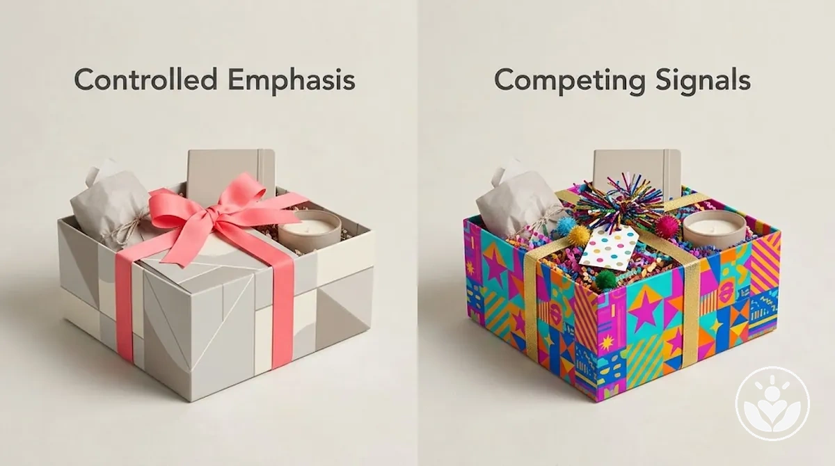 Vergleich von Geschenkboxen mit kontrollierter Farbbetonung und konkurrierenden Farben und Mustern