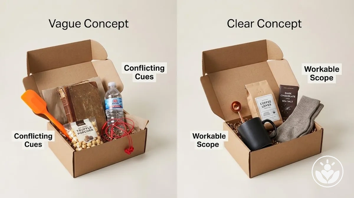 Thema einer Geschenkbox, von einer vagen Idee zu einem klaren, brauchbaren Konzept verfeinert.