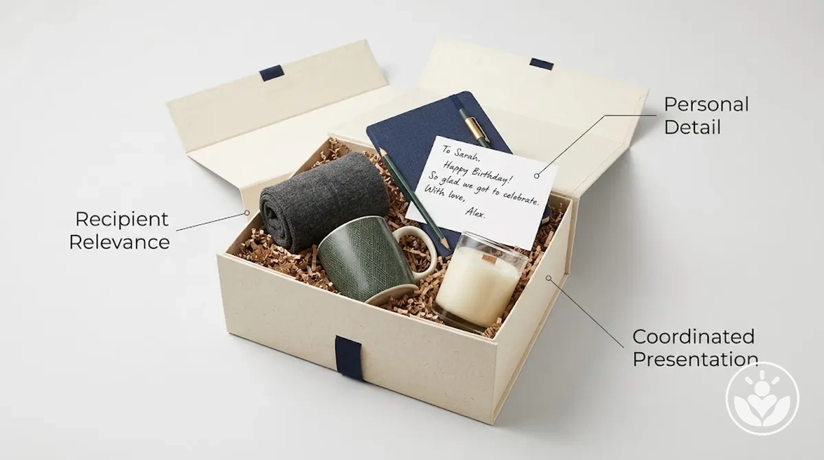 Personalisierte Geschenkbox mit empfängerspezifischen Artikeln, Botschaft und abgestimmter Präsentation.