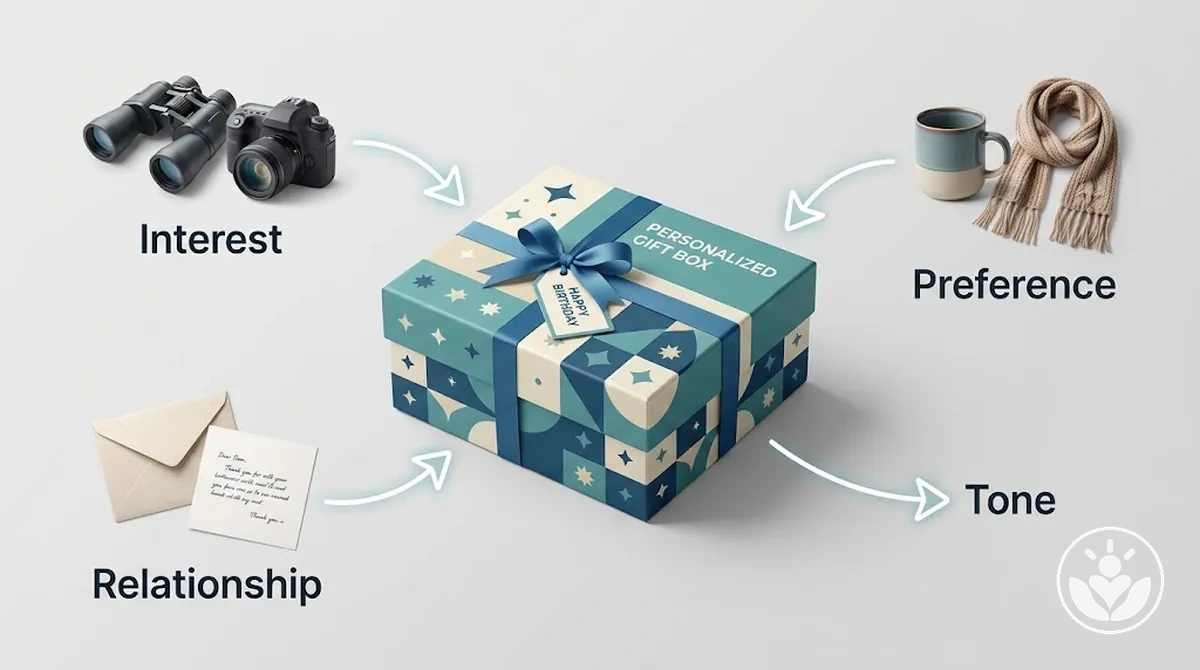Diagram linking recipient interests, preferences, and relationship context to birthday gift box tone.