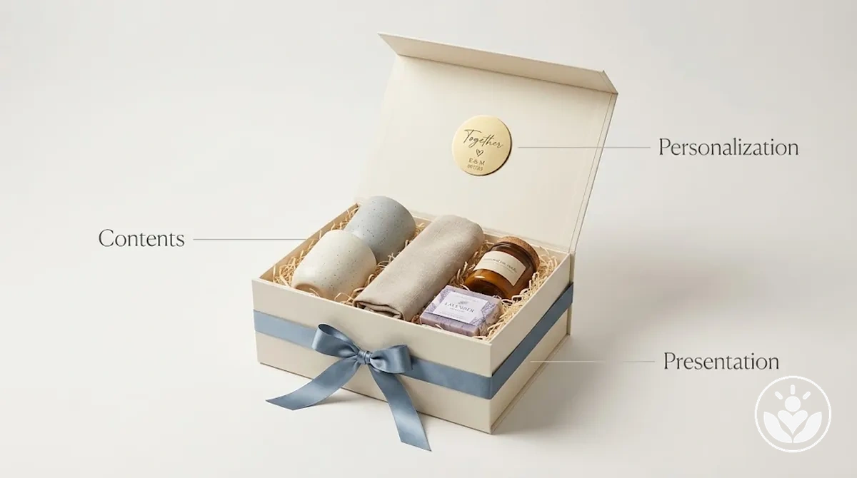 Annotated wedding gift box showing a cohesive theme across contents, personalization and presentation.