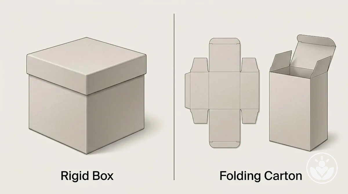 Rigid box retaining its form beside a folding carton shown flat and assembled
