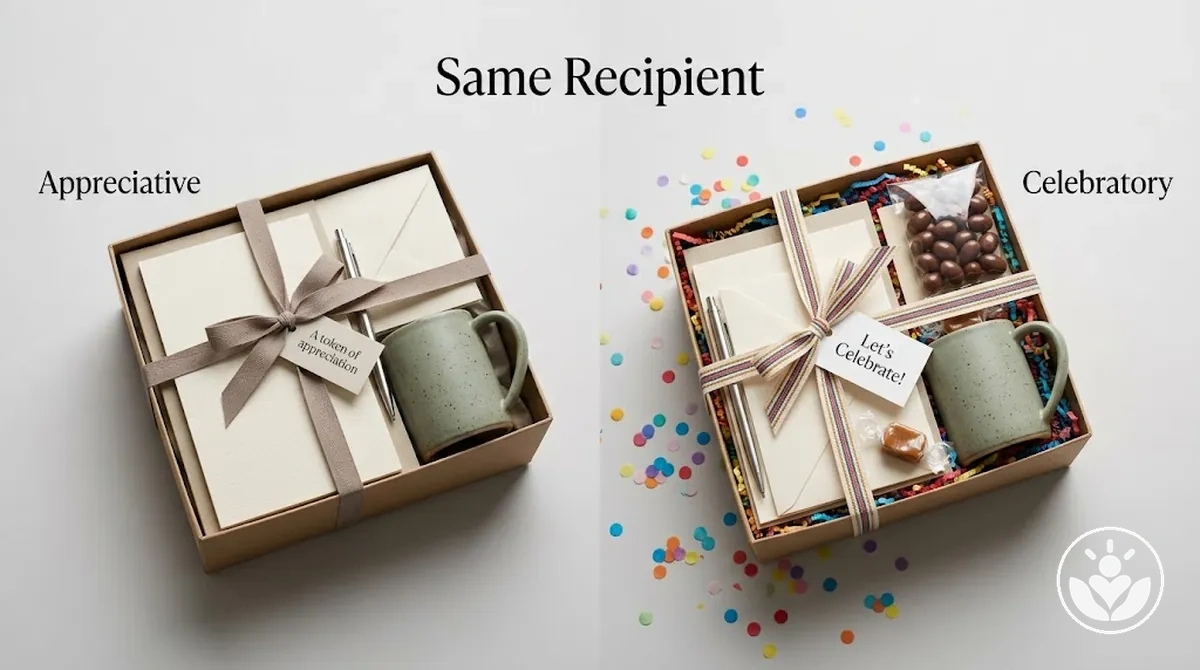 Gift box theme adapted to different occasions while keeping recipient preferences consistent.