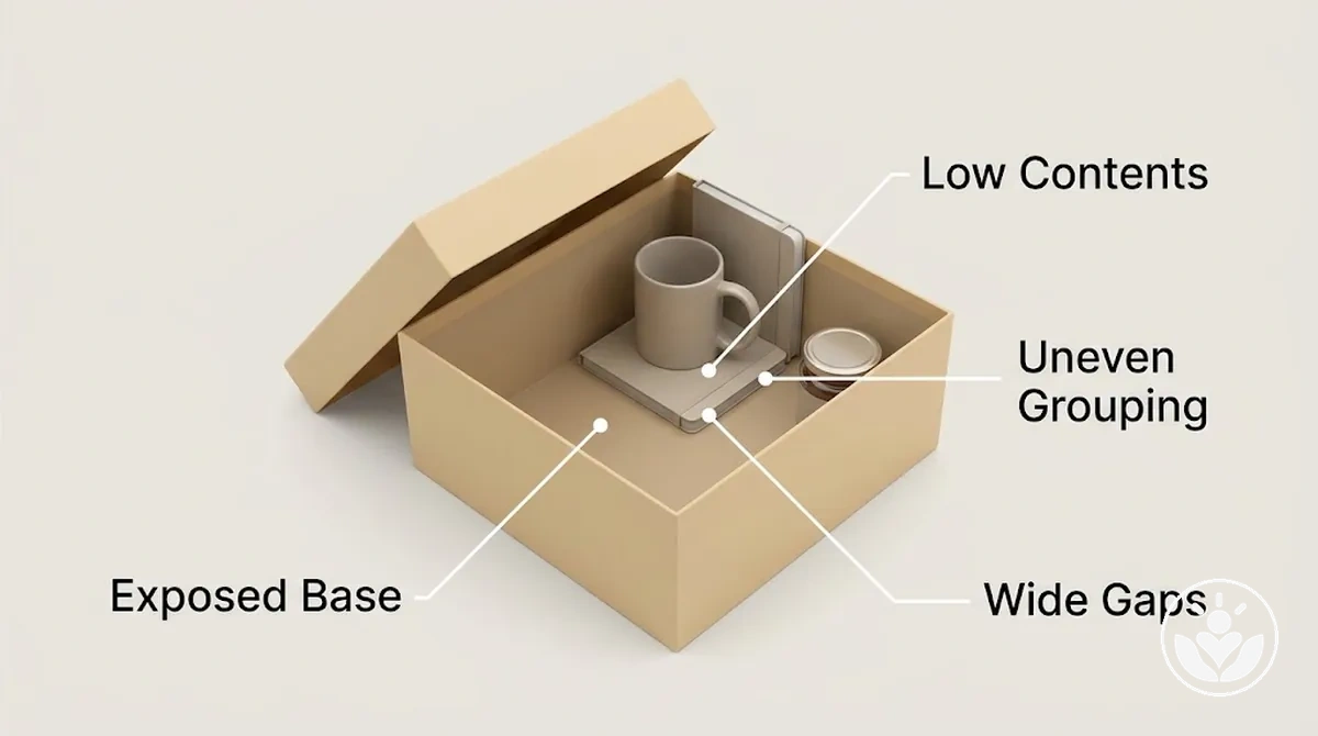 Sparse-looking gift box with exposed base, low items and uneven gaps