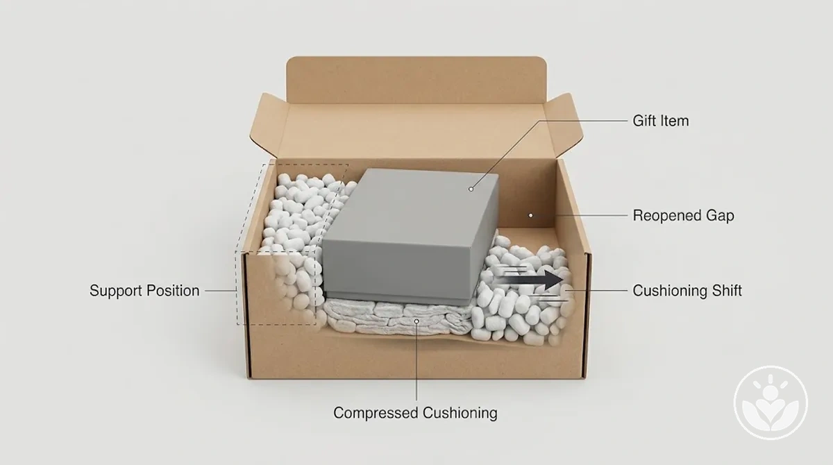 Gift box cushioning shifted away from an item, reopening a side gap.