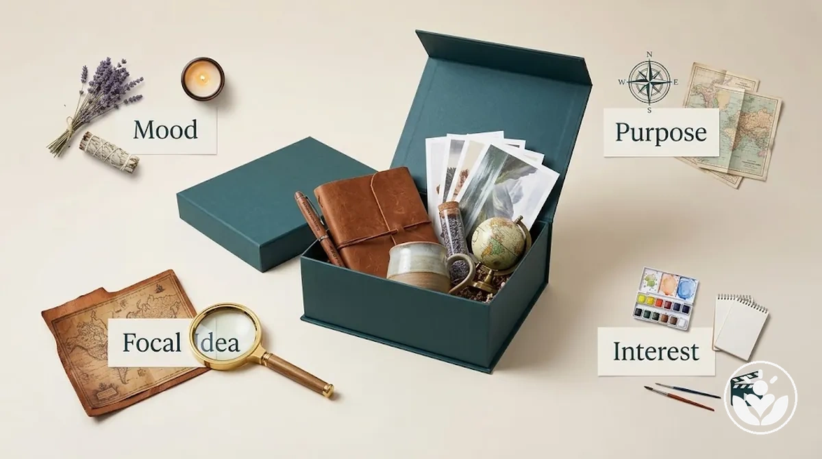 Cuatro puntos de partida para un tema de caja de regalo: estado de ánimo, propósito, interés e idea central.