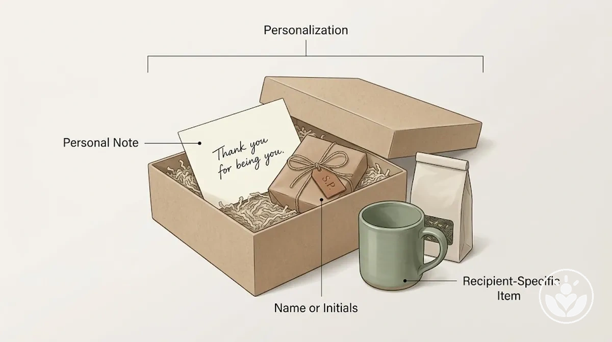Caja de regalo con una tarjeta de mensaje personal, nombre o iniciales, y un artículo específico para el destinatario como diferentes formas de personalización