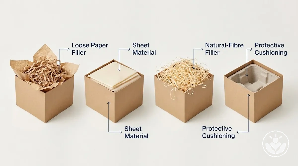 Principales tipos de rellenos y acolchados para cajas de regalo mostrados según su forma material