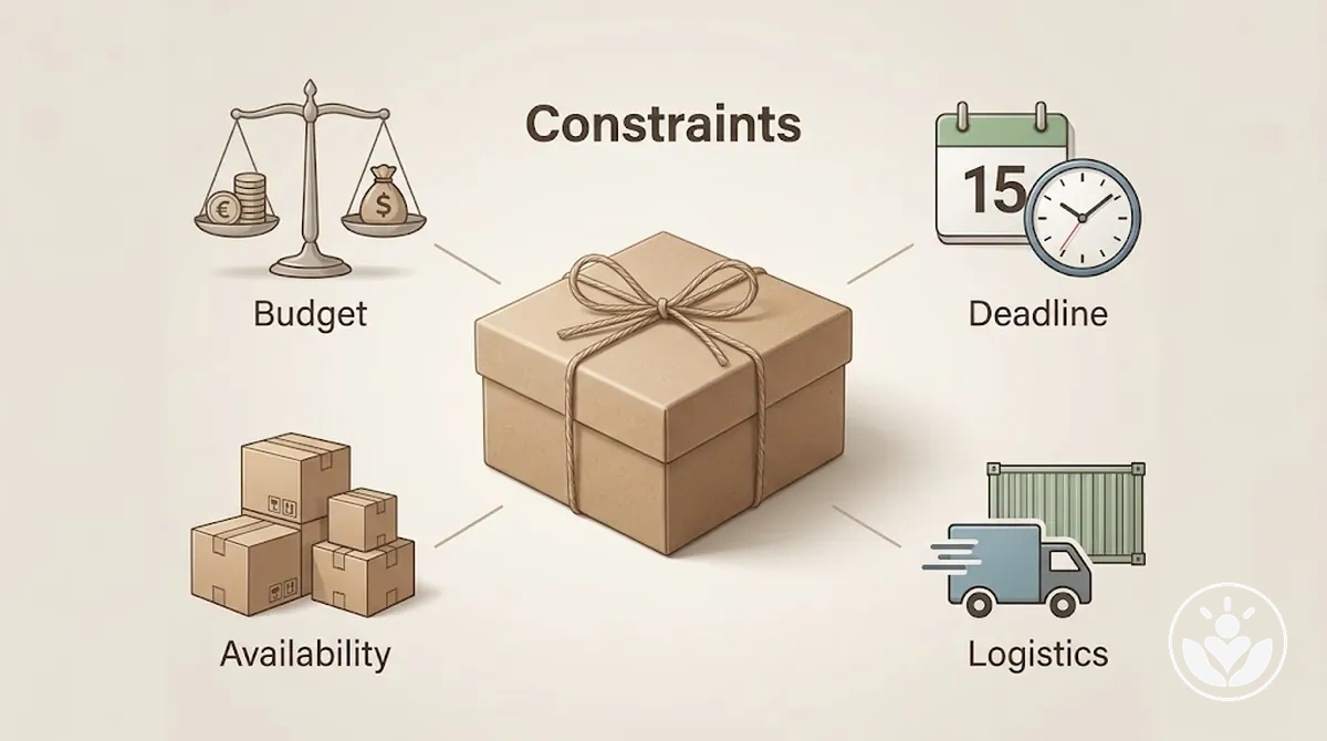 Planification d'un coffret cadeau avec budget, date limite, disponibilité d'approvisionnement et contraintes de livraison