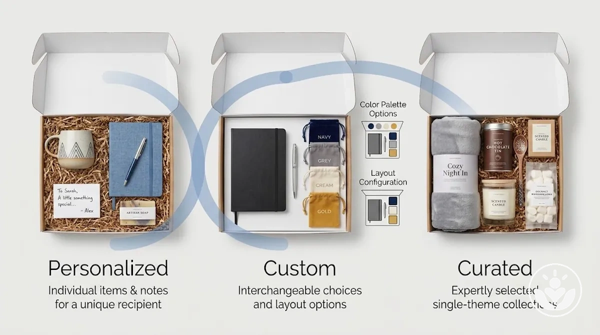 Comparaison des coffrets cadeaux personnalisés, sur mesure et composés avec soin montrant leurs différentes accentuations et leur chevauchement.