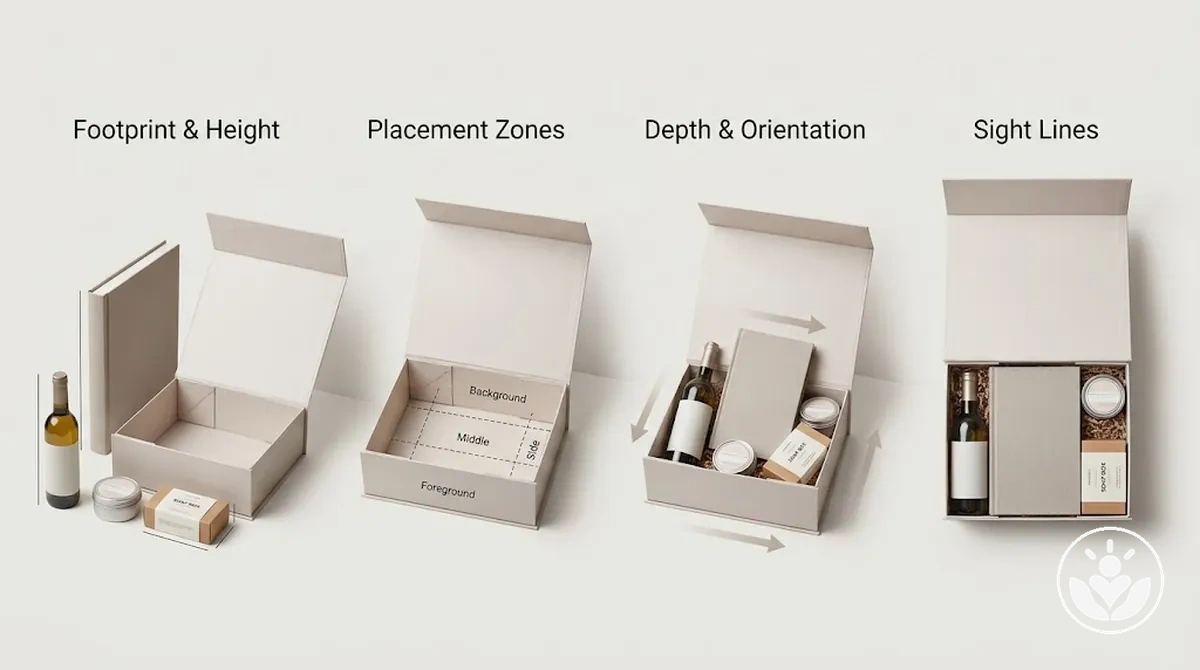 Disposer les éléments par taille, hauteur et profondeur dans un coffret cadeau personnalisé