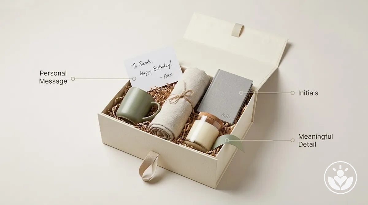 Coffret cadeau personnalisé avec un message manuscrit et des détails spécifiques au destinataire tels que des initiales et des choix de couleurs coordonnées.