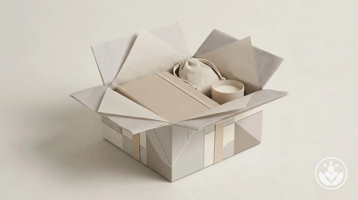 Intérieur de coffret cadeau proprement tapissé et encadré avec du papier de soie proportionné