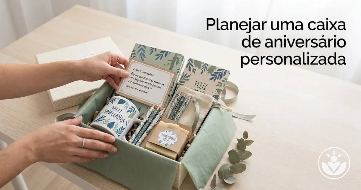 Caixa de presente de aniversário personalizada com itens temáticos coordenados e um bilhete pessoal