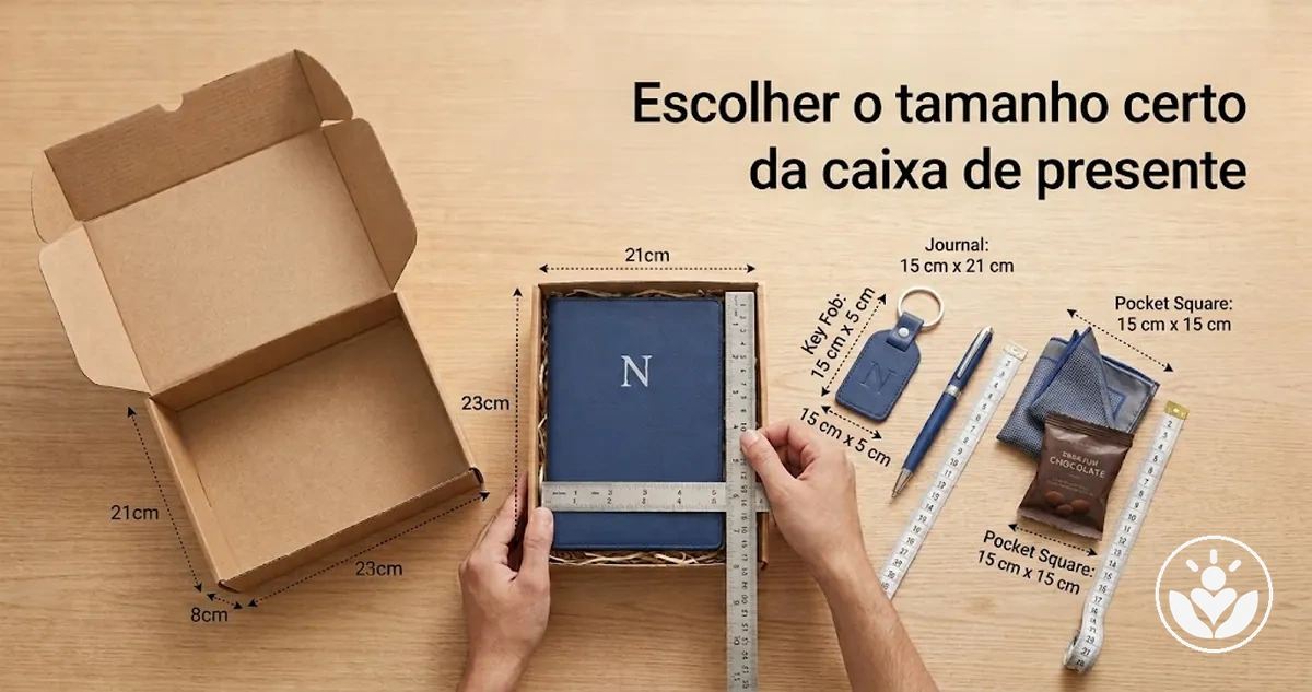 Itens de presente medidos em relação a uma caixa para escolher o tamanho certo