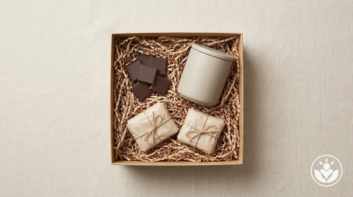 Chá, chocolate e snacks sem marca exibidos como guloseimas consumíveis para uma caixa de presente personalizada